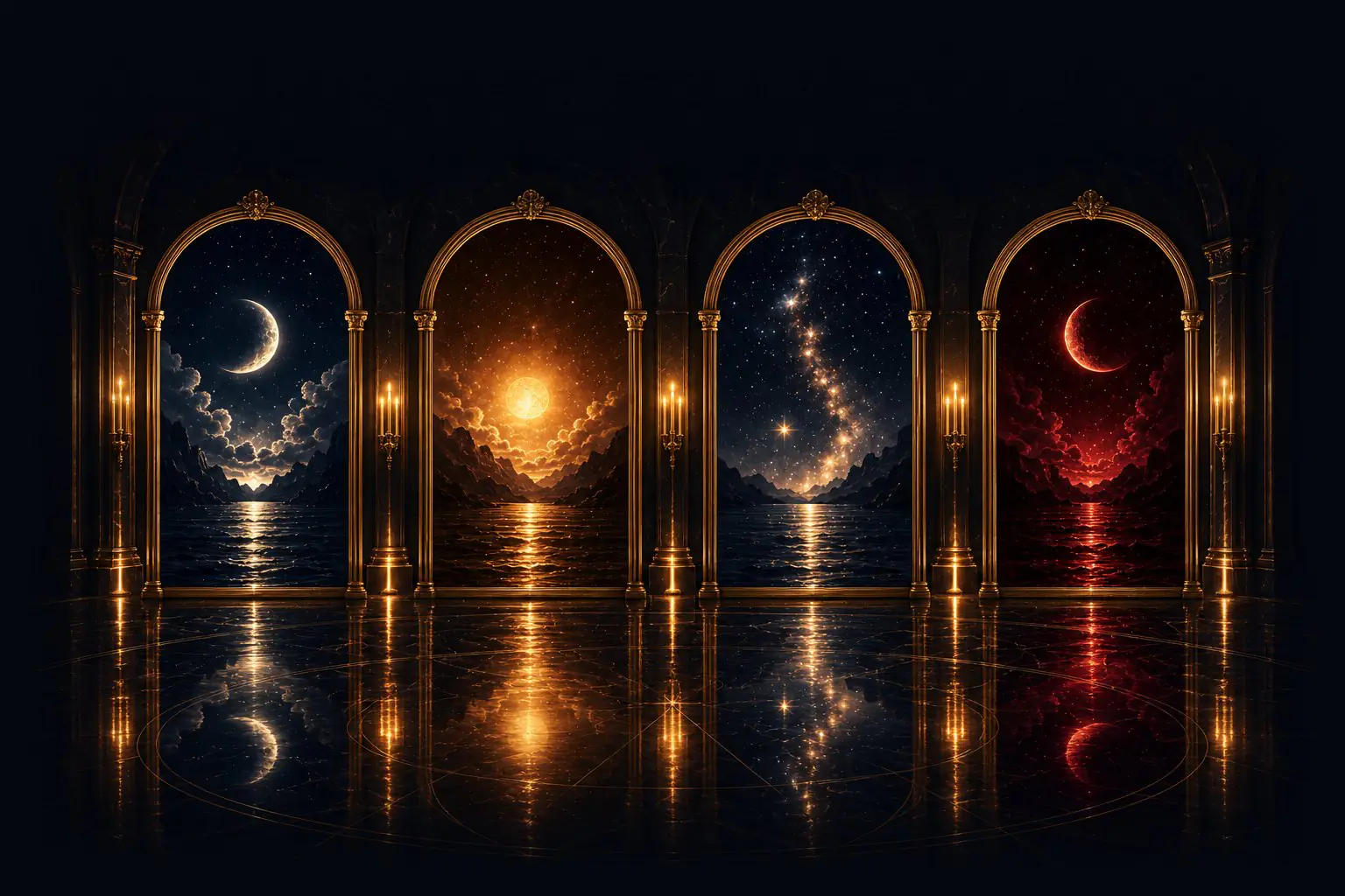 A candlelit hall of four tall gold-framed arches, each opening onto a different night sky, mirrored in a polished floor