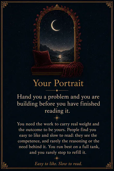 The Your Portrait page of a sample Edition: an arched window and a crescent moon above a velvet window seat