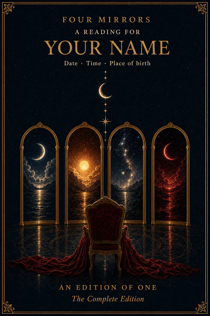 The cover of a sample Complete Edition made out to YOUR NAME: four gold-framed arches open onto night skies above an empty red velvet chair
