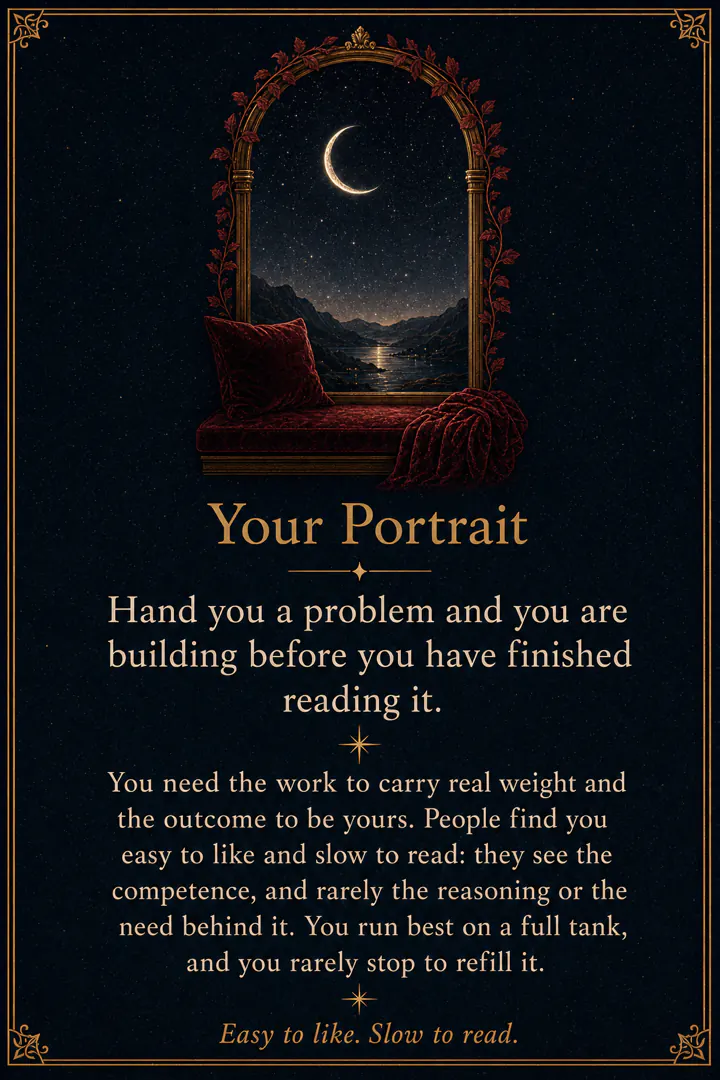 The Your Portrait page: an arched window with a red velvet seat, looking out at a crescent moon