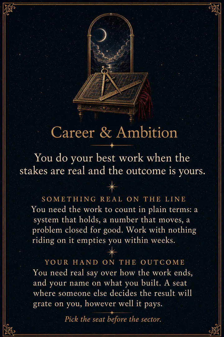 The Career and Ambition page: an engraved gold drafting table beneath an arched window at night