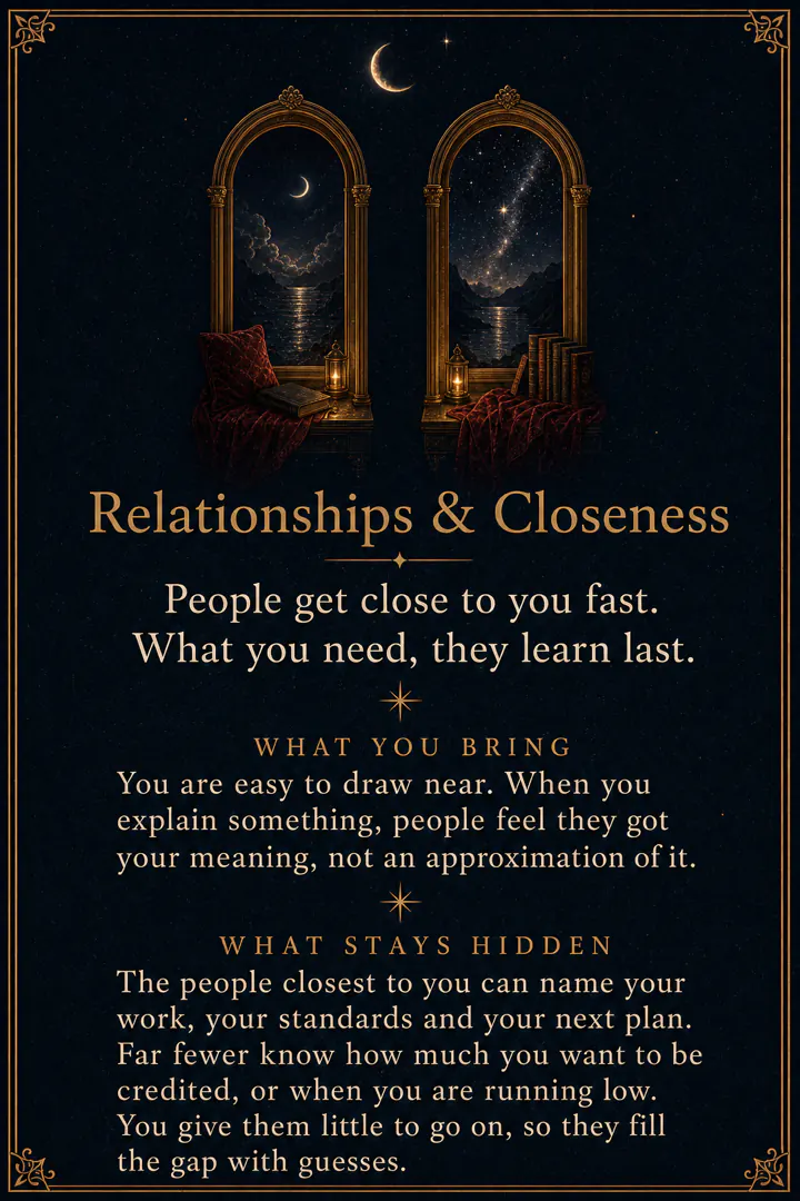 The Relationships and Closeness page: two lit arched windows side by side under a crescent moon