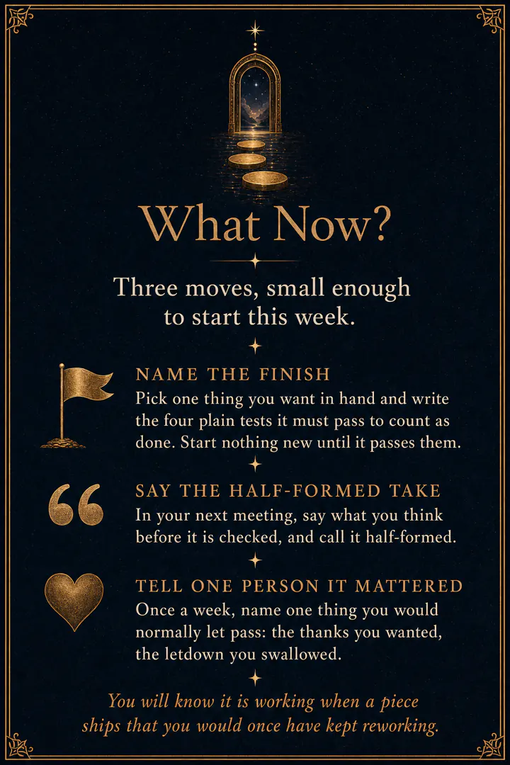 The What Now page: three small moves, each marked with a gold emblem, beneath a lit arch