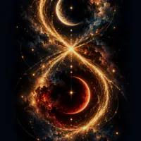 A figure eight drawn in gold light, a white crescent moon in its upper loop and a red moon in its lower
