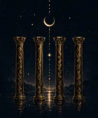 Four engraved gold pillars standing in still water beneath a crescent moon