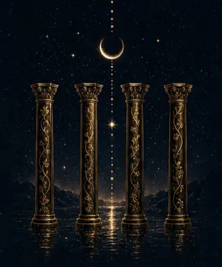 Four engraved gold pillars standing in still water beneath a crescent moon