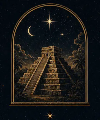 An engraved stepped pyramid beneath a crescent moon and a bright star
